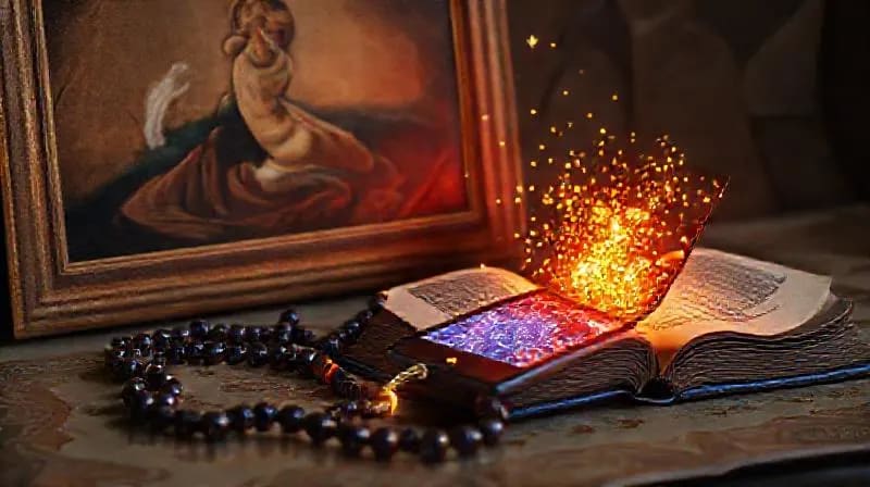 Rosario y dispositivos digitales entrelazados, simbolizando la lucha espiritual.