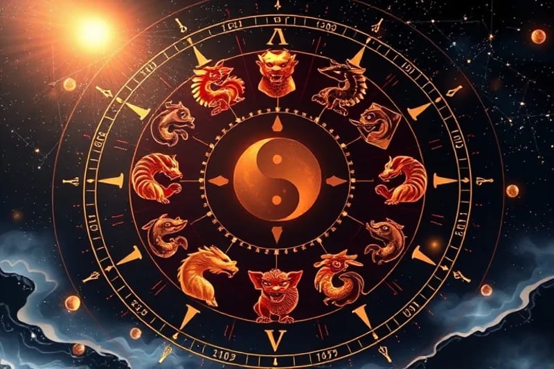 Representación dinámica y circular de los 12 animales del Zodiaco Chino, cada uno con un color elemental sutil, sobre un fondo de paisaje armonioso con elementos Yin-Yang, simbolizando la interconexión y el ciclo de la vida.