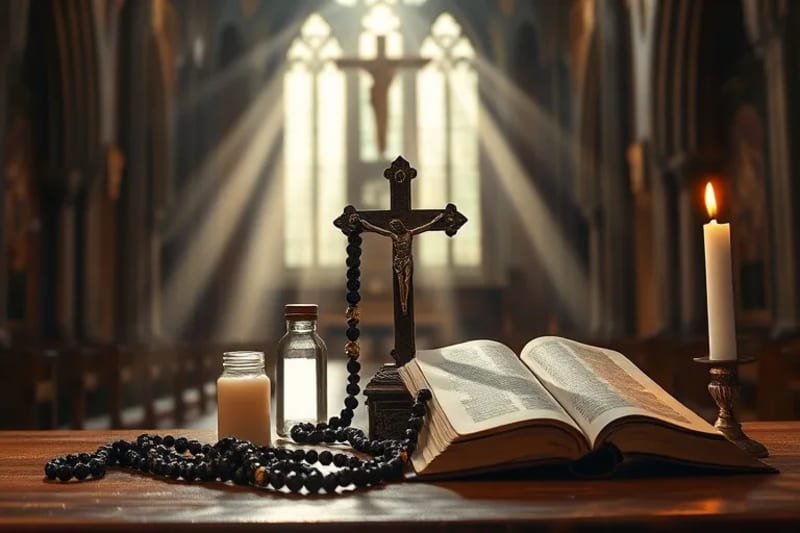Bodegón de objetos religiosos: crucifijo, rosario, agua bendita, vela encendida, libro de oraciones en un altar de madera.