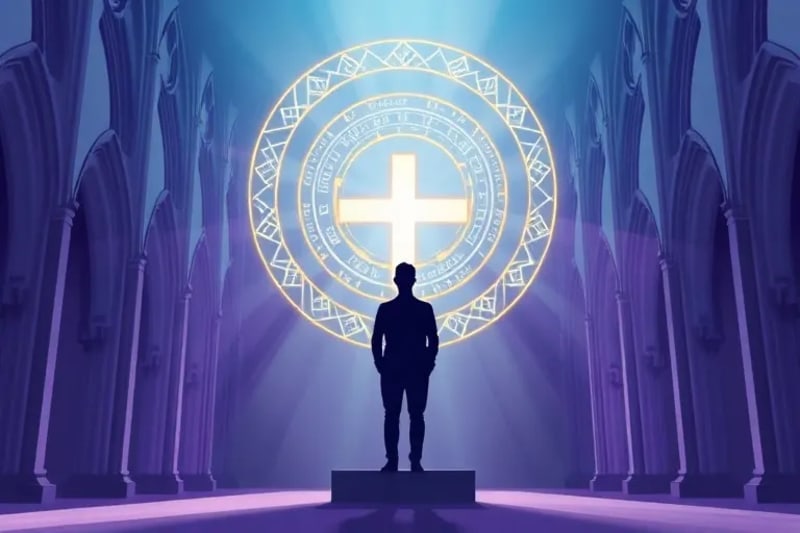 Silueta humana rodeada de anillos de luz y patrones geométricos, con una cruz central brillante, fondo azul-púrpura, estilo arte vectorial.