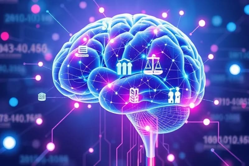 Cerebro de IA conectado a documentos legales y símbolos de justicia