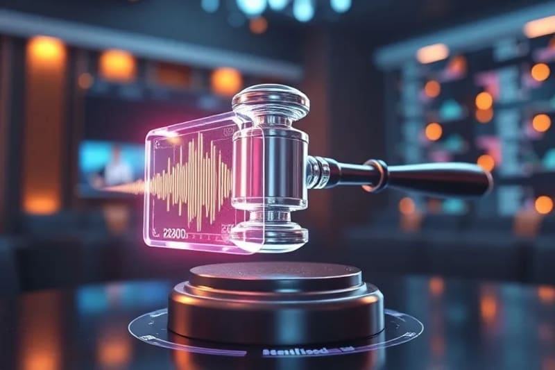 Mazo de juez futurista golpeando un bloque digital con código y luz