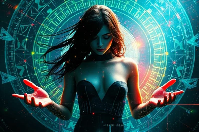 Digital painting of a figure shaping reality with energy patterns and geometric shapes, illustrating mind's influence on matter.