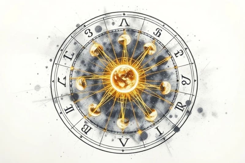 Abstract 3D render of interconnected golden threads forming a cosmic web with miniature planets and particles, representing Hermetic principles.