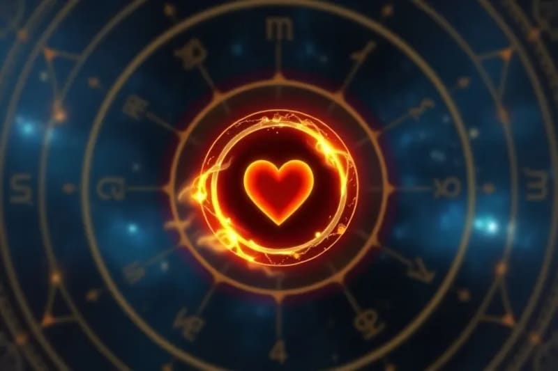 Pintura digital de un fuego sagrado en el centro, rodeado de anillos entrelazados y patrones geométricos sutiles.
