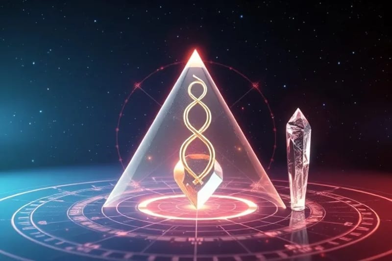 Render 3D abstracto de tres formas geométricas brillantes, una pirámide, una doble hélice y un cristal multifacético, dentro de una rejilla astrológica.