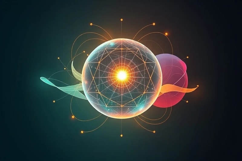 Esferas interconectadas de fe, tecnología y humanidad