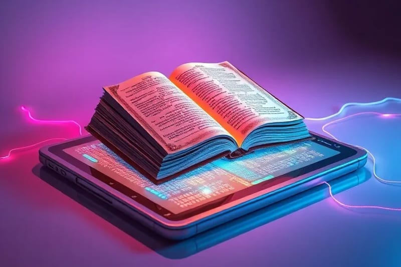 Libro antiguo y tablet futurista con código y proyecciones