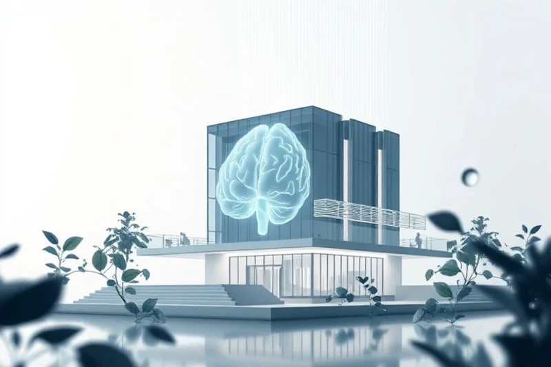 Vector art illustration of a human brain silhouette integrated into a minimalist building, surrounded by stylized natural elements.
