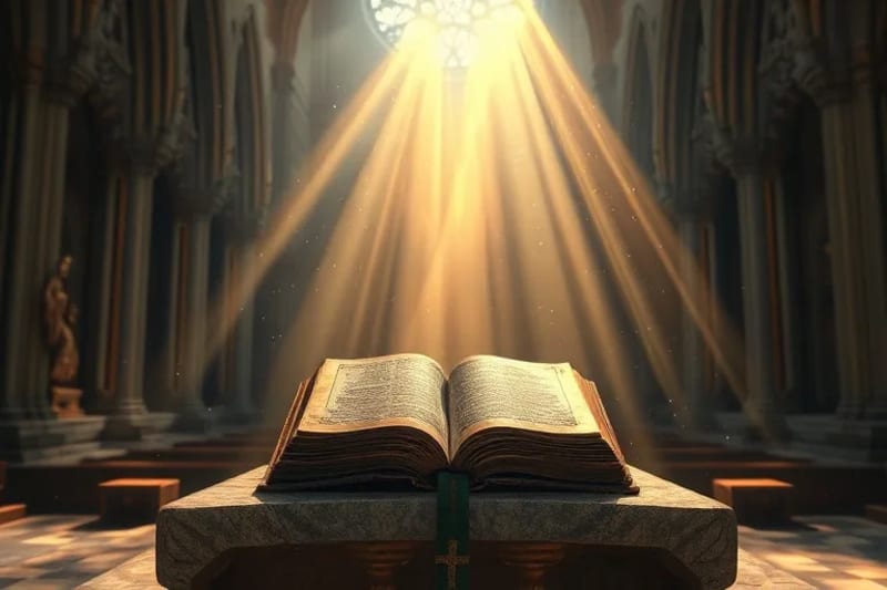 Antiguo libro de oraciones abierto en un altar, con proyecciones holográficas de algoritmos y redes neuronales.