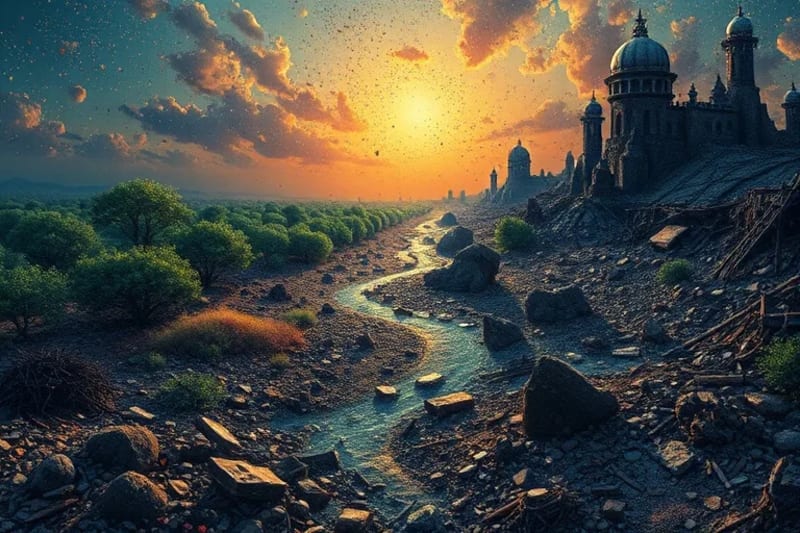 Pintura digital que contrasta ecosistemas vibrantes con paisajes contaminados, mostrando el impacto humano y sutiles advertencias proféticas.
