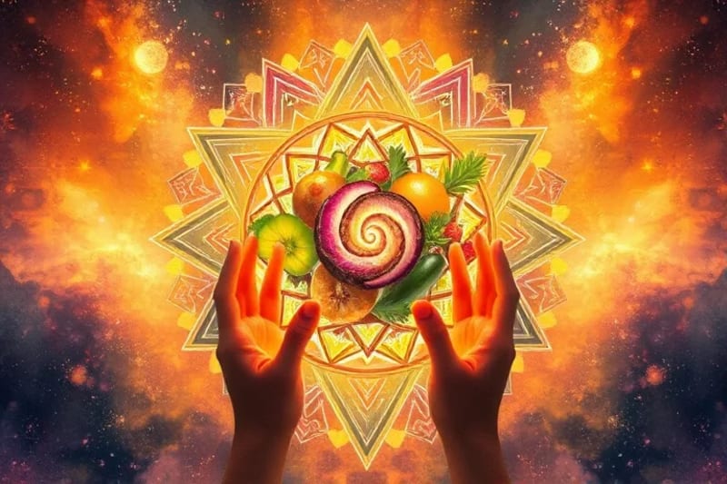 Manos sosteniendo ingredientes frescos y vibrantes, dispuestos en un patrón espiral con luz energética.
