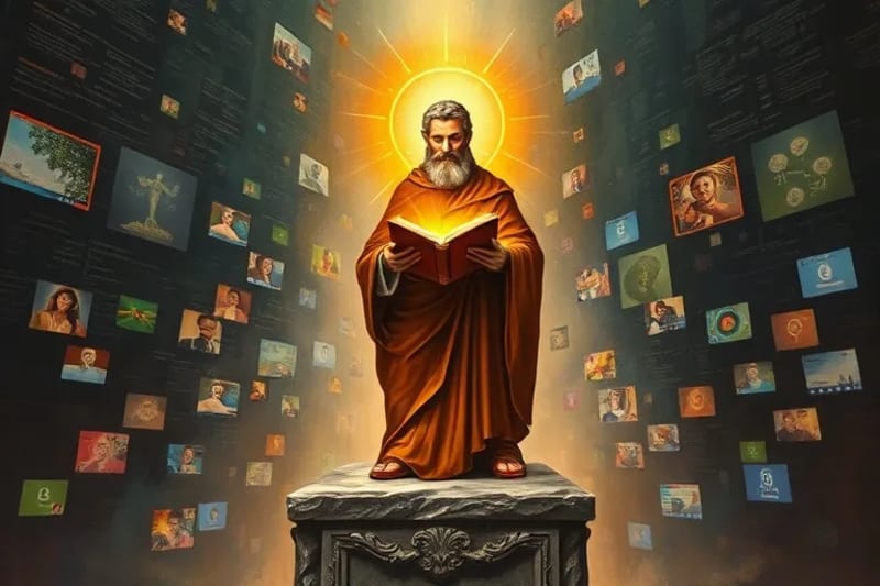 Pintura al óleo de una figura luminosa defendiendo la verdad contra un torbellino de noticias falsas y datos distorsionados.