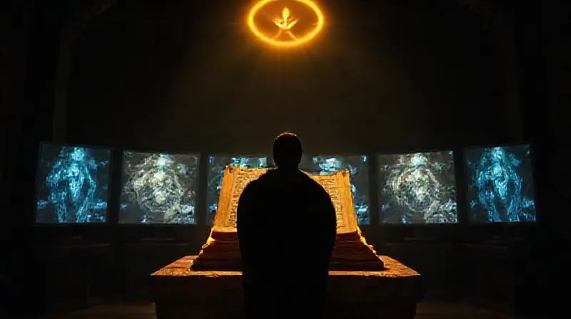 Arte digital de una persona absorta en pantallas, con una luz divina guiándola hacia la paz y el equilibrio.