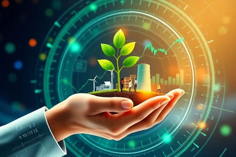 Stylized infographic showing a hand planting a tree, clean energy, diverse people, and a rising stock market.