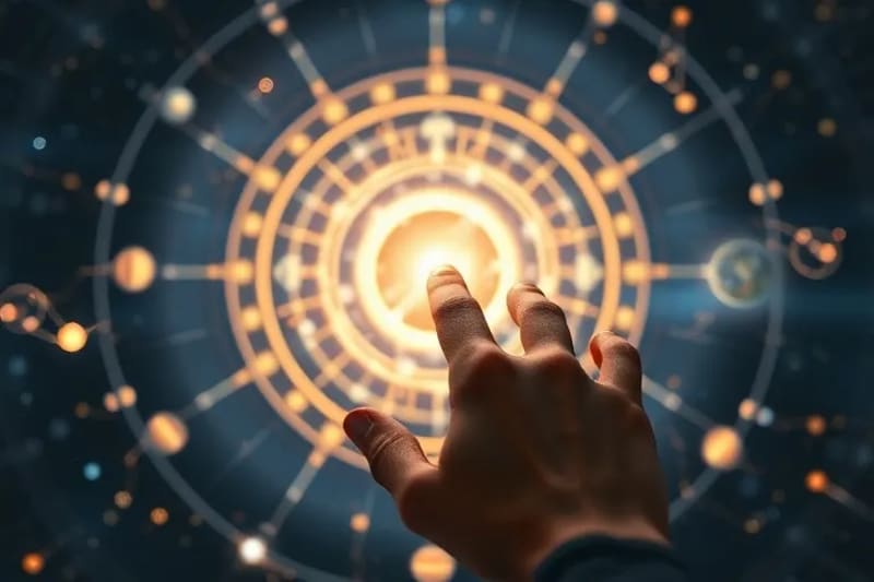 Representación digital abstracta de órbitas planetarias y una mano interactuando con una carta astral holográfica