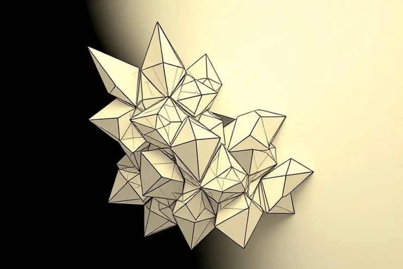 Renderizado 3D de una red compleja de estructuras cristalinas y circuitos interconectados, formando una escultura abstracta con superficies reflectantes y colores metálicos, destacando la lógica algorítmica.