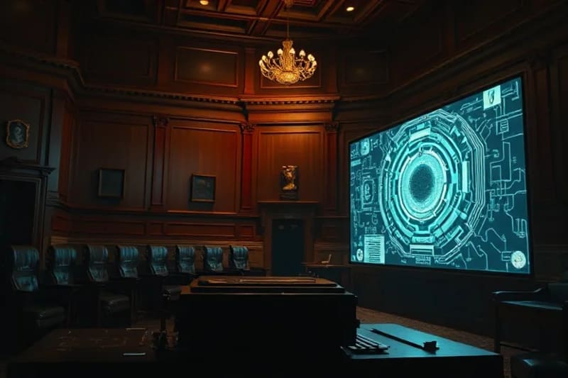Escena de tribunal con IA como jurado y arte digital en exhibición