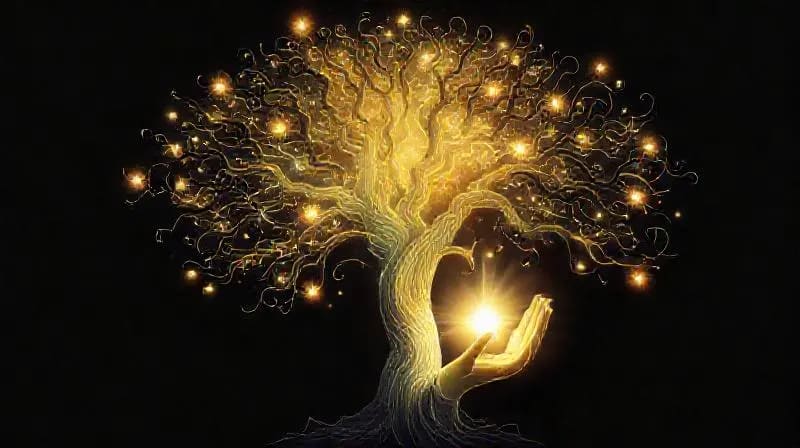 Ilustración digital de un árbol genealógico con líneas de energía que conectan a las generaciones, mostrando patrones enredados y luminosos.