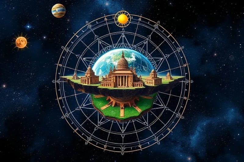 Stylized illustration of ancient civilizations connecting to celestial bodies