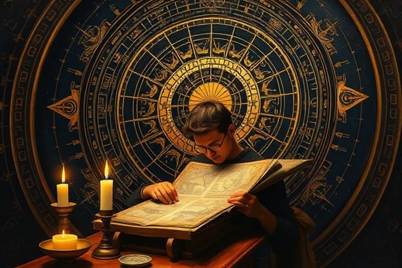 Oil painting of a scholar studying ancient celestial charts by candlelight