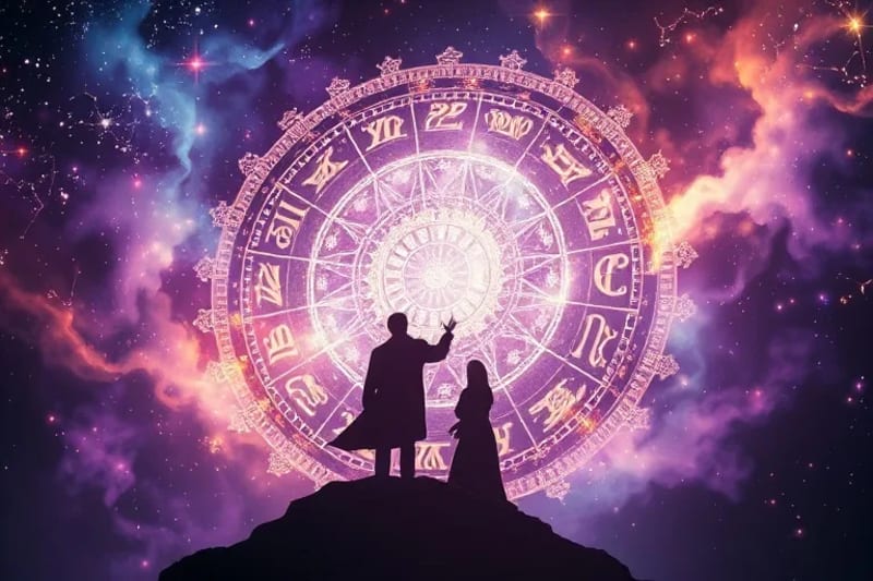 Fusión de luz y sombra cósmica con símbolos zodiacales y arquetípicos entrelazados