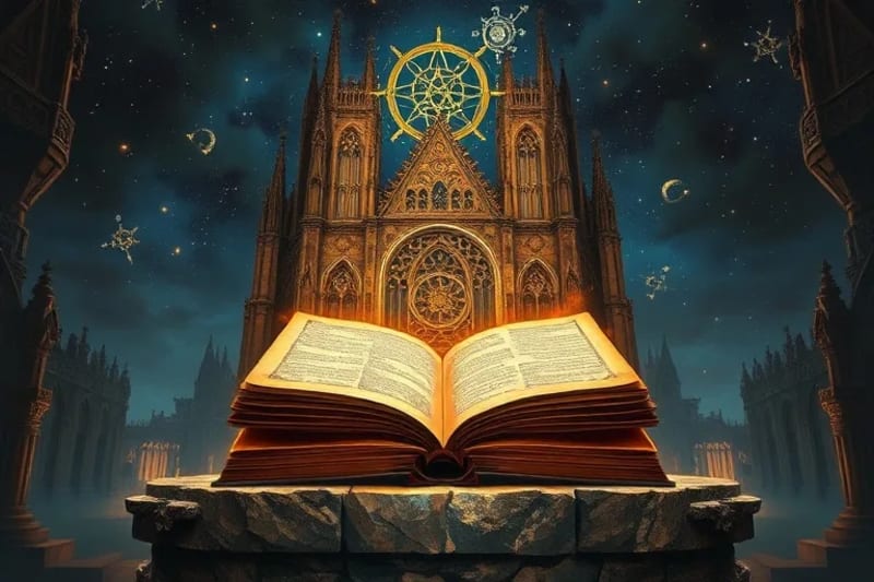 Pintura al óleo de una catedral gótica en construcción, con formas geométricas etéreas guiando a los constructores bajo un cielo estrellado, evocando el conocimiento oculto y la conexión cósmica.