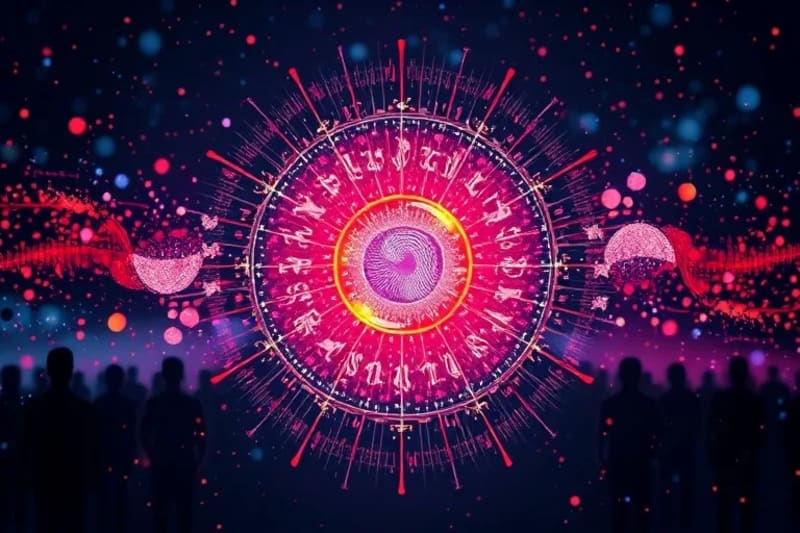Abstract digital painting of biometric data flowing into an AI core