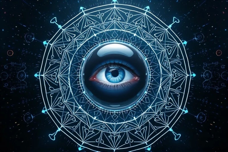 3D render of a reflective sphere surrounded by data and runic symbols, reflecting an eye