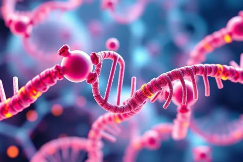 Representación abstracta de mecanismos de reparación celular, mostrando mitocondrias, telómeros y cadenas de ADN interconectadas en un diseño vectorial dinámico y colorido.