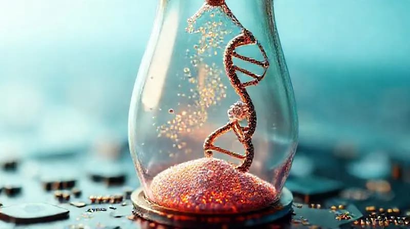 Representación 3D de un reloj de arena donde la arena es reemplazada por nanopartículas luminosas, junto a un modelo de ADN de doble hélice y una célula humana, con un fondo degradado azul y verde.