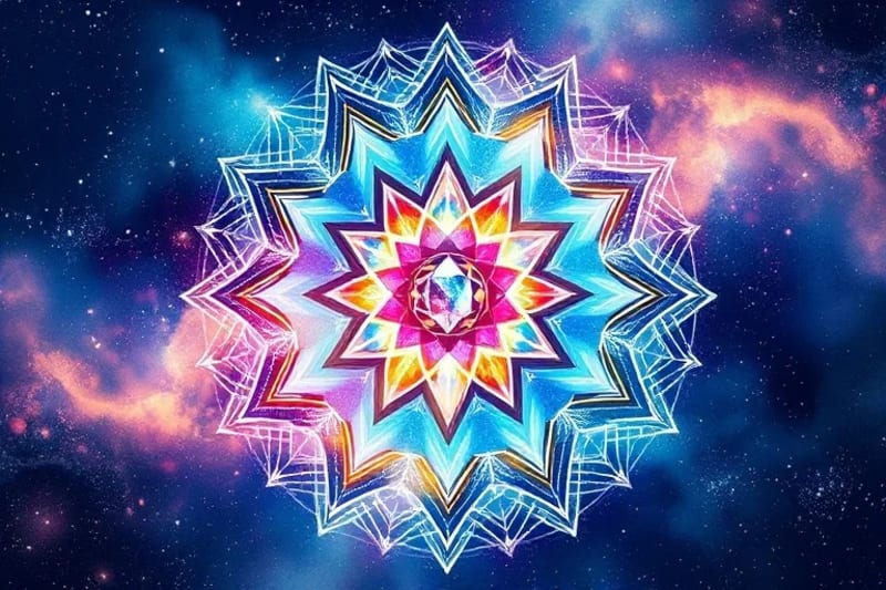 Pintura acuarela de un aura humana con siete chakras alineados, cada uno con un cristal curativo.