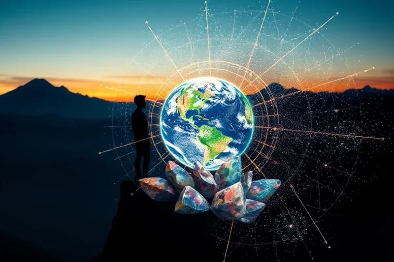 Render 3D de cristales energéticos conectados a una representación estilizada del planeta Tierra y una silueta humana.