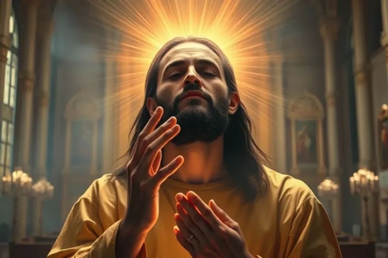 Figura meditando con símbolos de fe y sanación