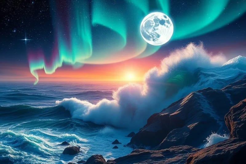 Digital painting of tidal waves, full moon, solar flares, and aurora borealis over Earth