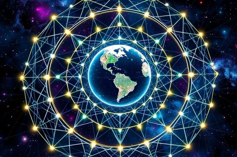 Abstract 3D render of interconnected glowing lines and nodes representing cosmic influences on Earth