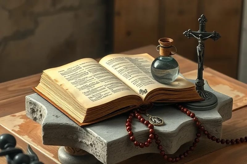 Detalle de objetos religiosos como un rosario y una medalla en una mesa de madera