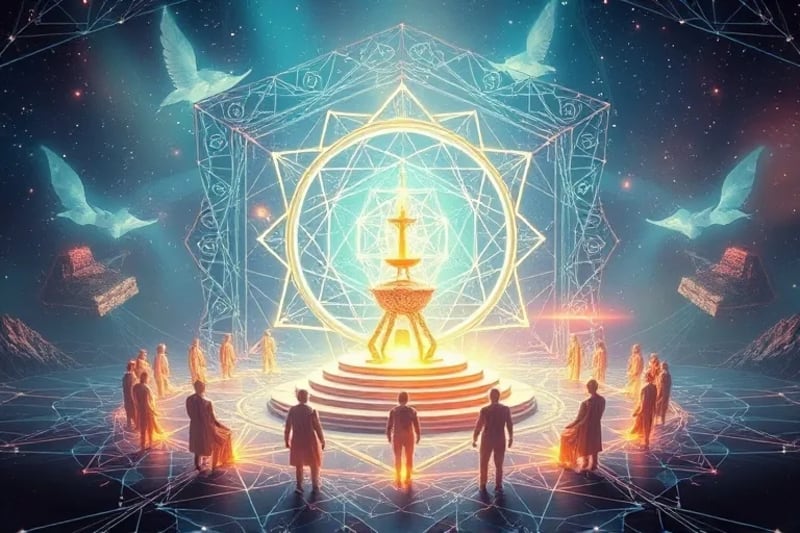 A digital painting depicting a group of stylized avatars participating in a virtual reality ritual, surrounded by glowing energy patterns and a digital altar, symbolizing communal digital spirituality.