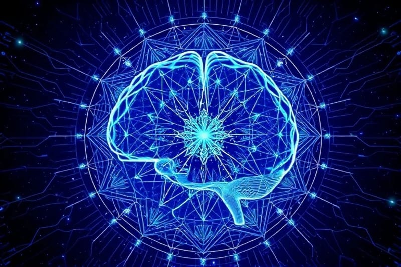 A 3D render illustrating the abstract connection between human consciousness, depicted as a glowing brain, and a complex network of digital circuits and data streams, symbolizing digital consciousness integration.