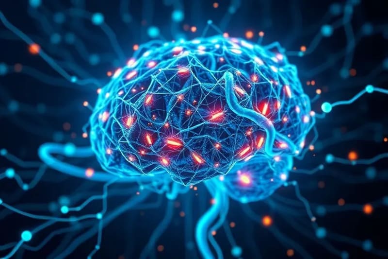 3D render of neural network with musical instruments, representing melody processing.