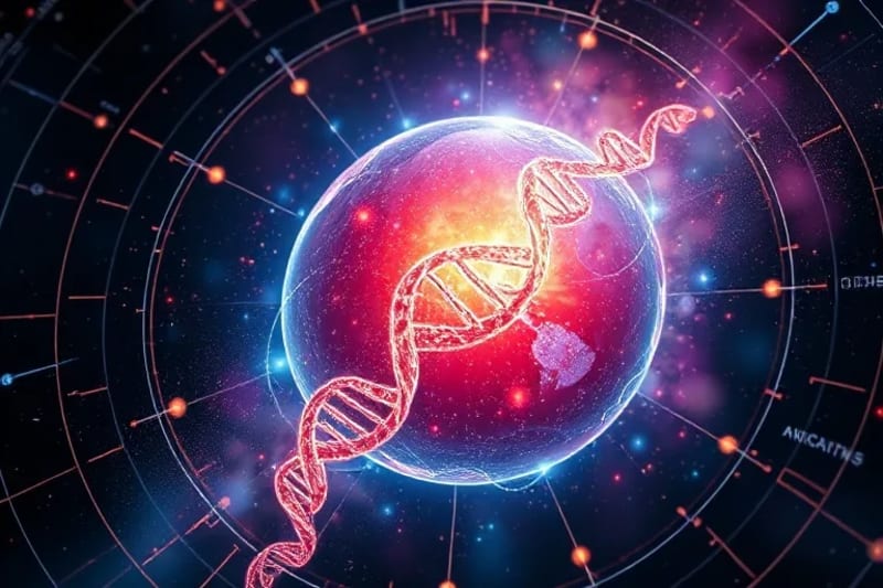Ilustración digital de una célula humana con ADN entrelazado con flujos de energía cósmica y órbitas planetarias, simbolizando la conexión entre lo micro y lo macro.