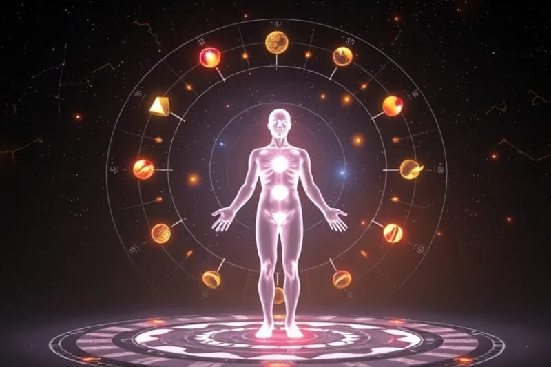 Representación estilizada de cuerpos celestes creando patrones rítmicos que influyen en ondas energéticas que tocan una silueta humana transparente con chakras pulsantes.