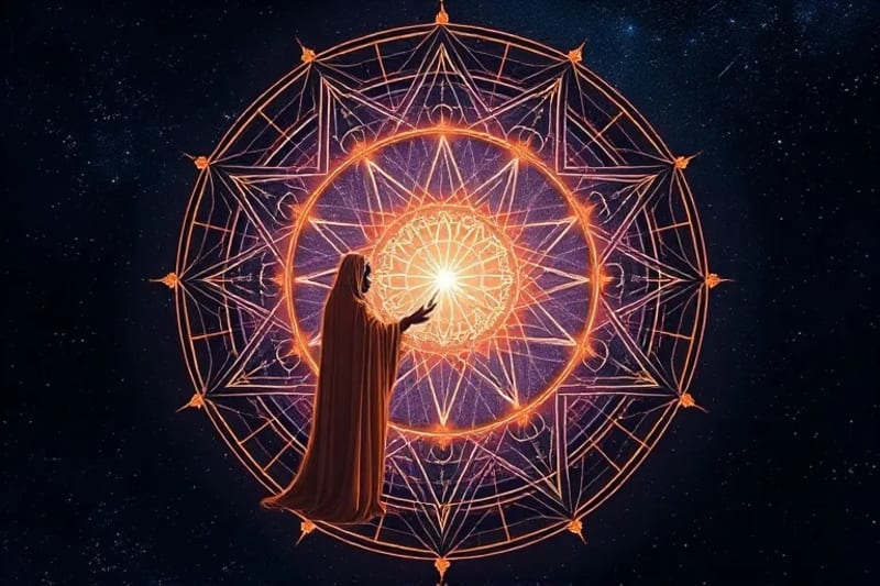 Vector art of two abstract figures connected by glowing karmic threads, ancient symbols in the background