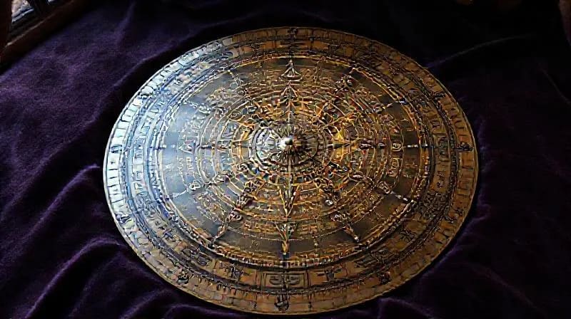 3D render of an antique astrolabe with holographic synastry chart overlay, symbolizing ancient wisdom and complex calculations