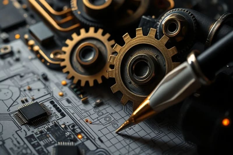 Intricate gears and modern optical fibers symbolizing the evolution of computational thought