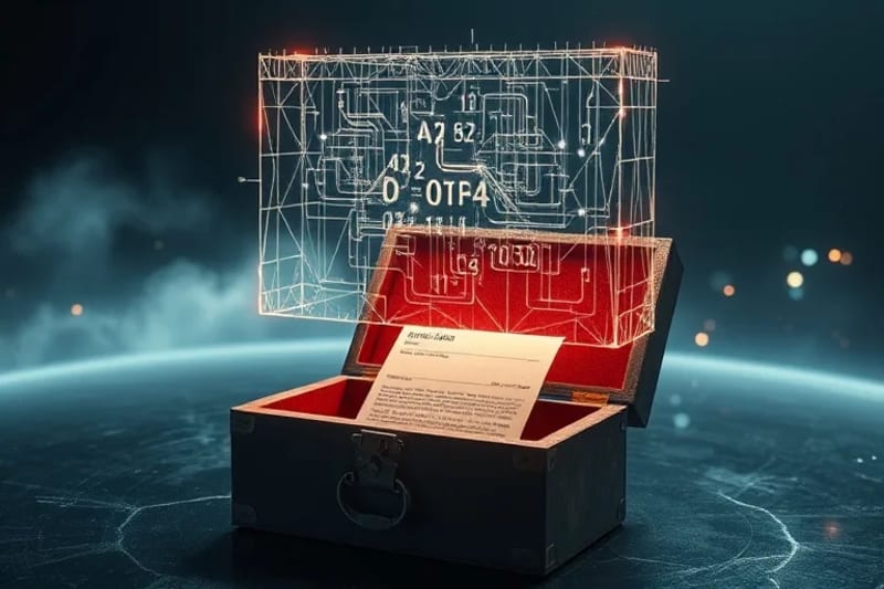 Abstract glowing algorithm resembling a quantum circuit over an antique punch card