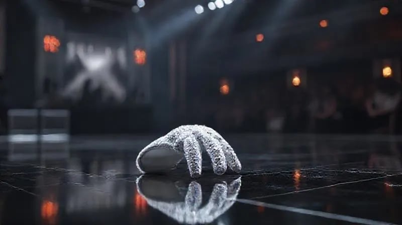 Primer plano de un guante blanco brillante con lentejuelas, posado delicadamente sobre una superficie oscura y pulida, con un foco de luz dramático que realza su textura y simbolismo, evocando un legado artístico.