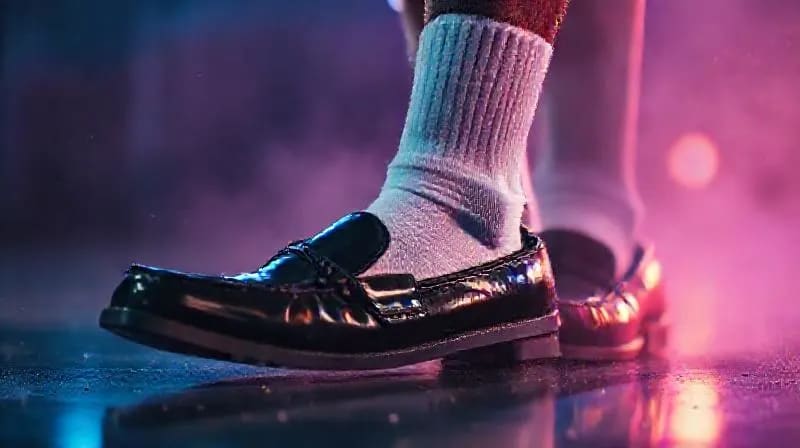 Primer plano de un par de zapatos negros de charol y calcetines blancos en movimiento dinámico, con un efecto de desenfoque que sugiere velocidad y fluidez, sobre un suelo oscuro y ligeramente iluminado por luces de escenario.