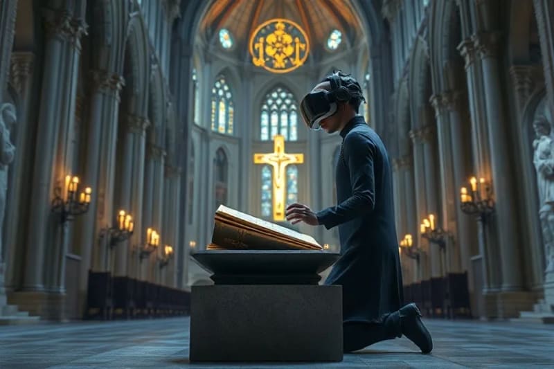 Figura con casco de realidad virtual arrodillada en una catedral virtual futurista, rezando con un rosario digital