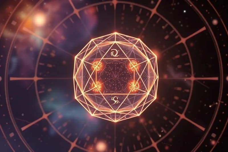 Una esfera cuántica brillante con símbolos astrológicos incrustados, flotando sobre un paisaje cósmico abstracto que representa la interconexión universal y el potencial de manifestación.